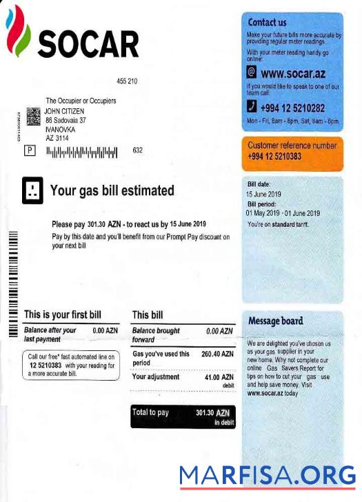 Downloadable Azerbaijan Socar Gas utility bill template in Word and PDF format